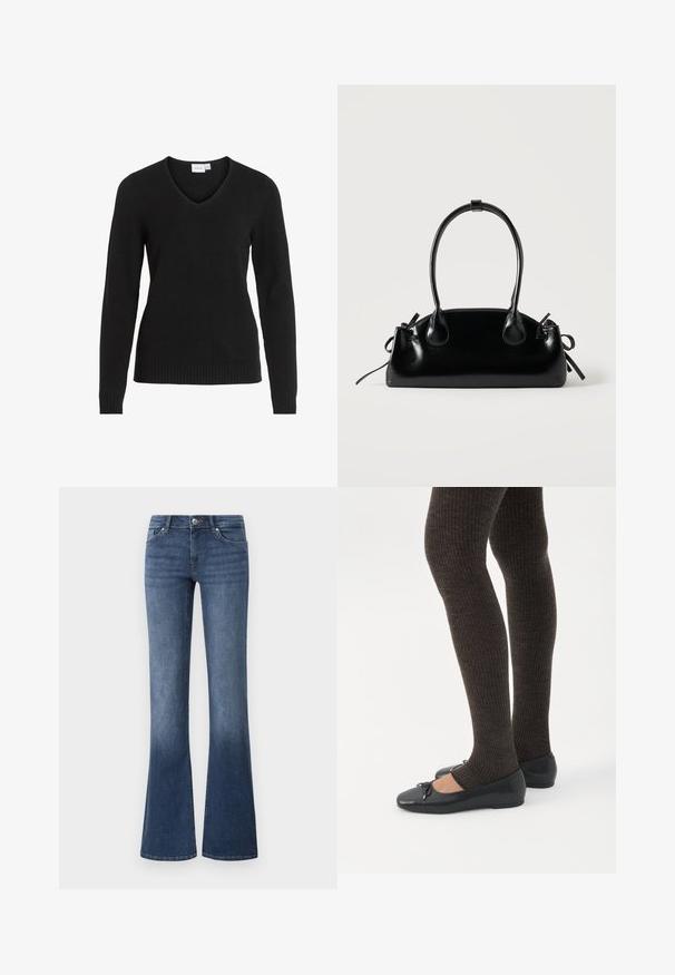 Zwarte V-hals trui van zachte stof, met lange mouwen, ribbels aan de zoom en manchetten, in een eenvoudig en klassiek ontwerp.; Uitlopende blauwe jeans van denim, met een medium wassing, vijf zakken en een ritssluiting met knoopsluiting. Soepele textuur.; Benen met donkere geribbelde leggings gecombineerd met zwarte ballerina's met kleine strikdetails op een witte achtergrond.; Kleine zwarte glanzende handtas met twee lange hengsels en zijkant trekkoord details op een effen lichte achtergrond.