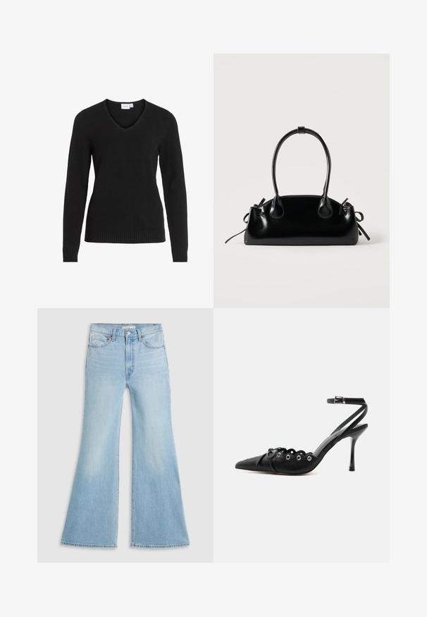 Schwarzer V-Ausschnitt-Pullover aus weichem Material, mit langen Ärmeln, geripptem Saum und Bündchen sowie einem einfachen und klassischen Design.; Helle blaue Schlagjeans mit hoher Taille, aus Denim gefertigt. Sie verfügen über ein klassisches Fünf-Taschen-Design und einen rohen Saum an den Säumen.; Schwarzer, spitzer High-Heel-Schuh mit geschwungenen Kanten, Metallösen, Schnürung vorne und Knöchelriemen mit Schnallverschluss.; Kleine schwarze glänzende Handtasche mit zwei langen Griffen und seitlichen Kordelzug-Details vor einfachem hellem Hintergrund.