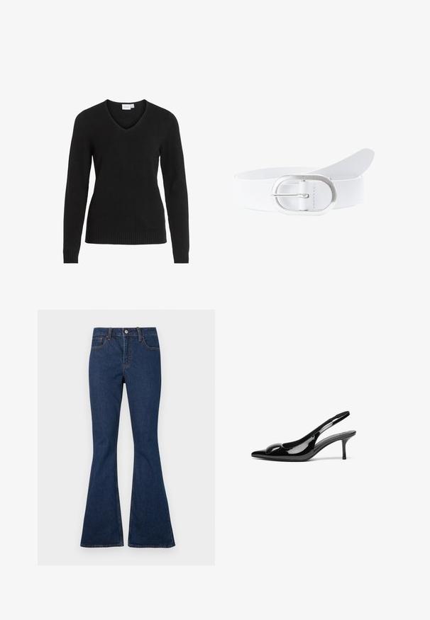 Schwarzer V-Ausschnitt-Pullover aus weichem Material, mit langen Ärmeln, geripptem Saum und Bündchen sowie einem einfachen und klassischen Design.; Dunkelblaue Jeans mit engem Bund und ausgestellten Beinen, ausgestattet mit Fronttaschen und sichtbaren, kontrastierenden Nähten.; Schwarze patentierte Slingback-Absätze mit spitzem Zehenbereich und glänzender Oberfläche. Besitzt einen schlanken Absatz und eine abgerundete Akzentuierung am Schuhoberteil.; Weißer Ledergürtel mit einer silbernen ovalen Schnalle. Der Riemen ist glatt und flach und zeichnet sich durch ein einfaches Design ohne Muster oder Verzierungen aus.