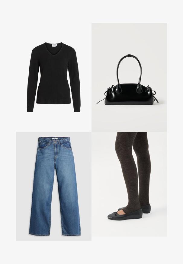 Sort V-hals sweater lavet af blødt stof, med lange ærmer, ribbet kant og manchetter, i et enkelt og klassisk design.; Blå denim brede jeans med høj talje, der har fem lommer, kontrastsyning og lynlås.; Ben iført mørke ribbede leggings kombineret med sorte balletsko med små sløjfedetaljer på hvid baggrund.; Lille sort blank håndtaske med to lange håndtag og snøre-detaljer i siden på en ensfarvet lys baggrund.