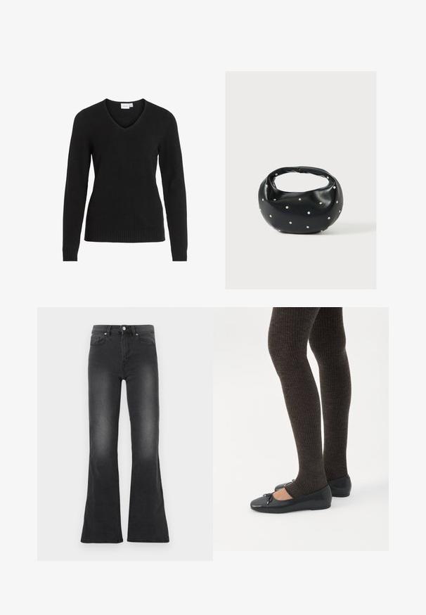 Sort V-hals sweater lavet af blødt stof, med lange ærmer, ribbet kant og manchetter, i et enkelt og klassisk design.; Sorte jeans med vidde, lavet af denim med en falmet finish, med knaplukning, fem-lomme-design og høj talje.; Ben iført mørke ribbede leggings kombineret med sorte balletsko med små sløjfedetaljer på hvid baggrund.; Sort læderhåndtaske med en rundet form, dekoreret med sølvnitter, og et kort håndtag. Glat tekstur og lynlåslukning.