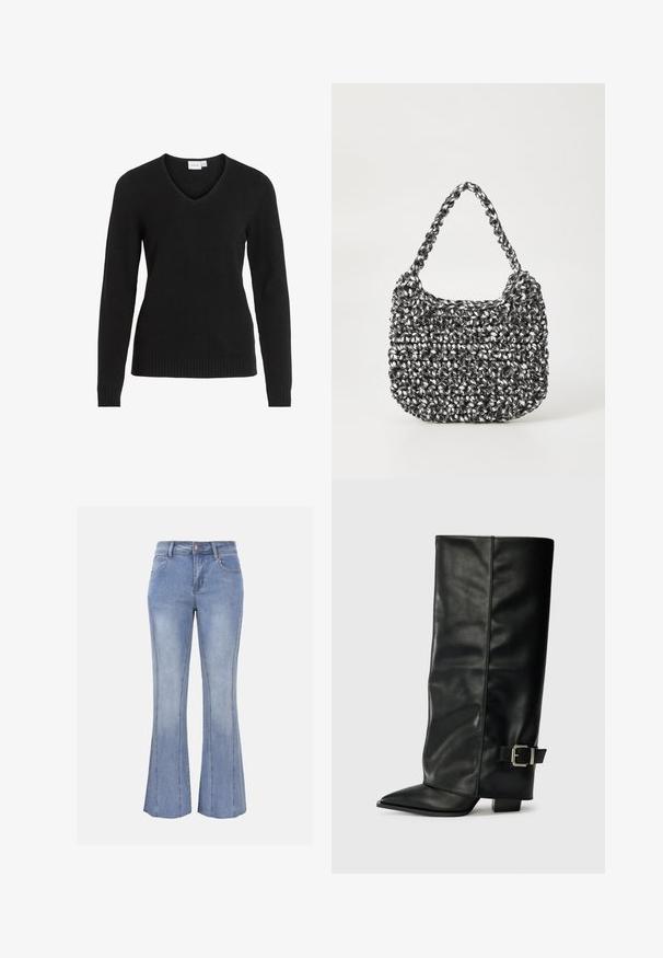 Sort V-hals sweater lavet af blødt stof, med lange ærmer, ribbet kant og manchetter, i et enkelt og klassisk design.; Lyseblå denimjeans med let vidde, knap- og lynlåslukning, lommer foran og bagpå samt synlige lodrette sømdetaljer.; Sorte læder ankelstøvler i ankellængde med spids tå, glat tekstur og en sølvspændeaccents på siden. Kraftig firkantet hæl.; Vævet håndtaske i sort og hvid med en rund form, tekstureret overflade og et fletet håndtag. Velegnet til afslappet brug.