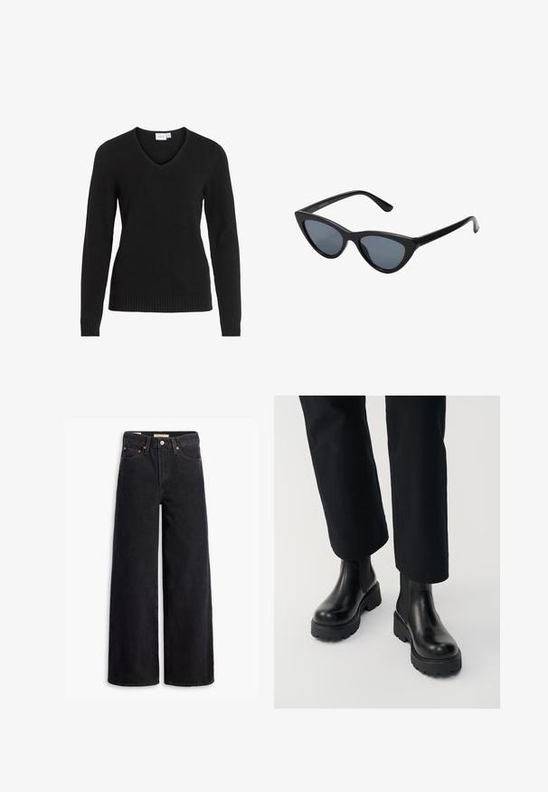 Schwarzer V-Ausschnitt-Pullover aus weichem Material, mit langen Ärmeln, geripptem Saum und Bündchen sowie einem einfachen und klassischen Design.; Schwarze weite Jeans aus Denim mit fünf Taschen, Kupferrivets und einem klassischen Knopfverschluss. Glatte Textur mit einem klaren Design.; Person trägt schwarze Leder-Stiefeletten mit klobiger Sohle, kombiniert mit schwarzen Straight-Leg-Hosen vor weißem Hintergrund.; Schwarze Cat-Eye-Sonnenbrille mit dunkelgrauen Gläsern, schlankem Kunststoffrahmen, spitzen Ecken und geraden Bügeln. Keine sichtbaren Befestigungen oder Akzente.