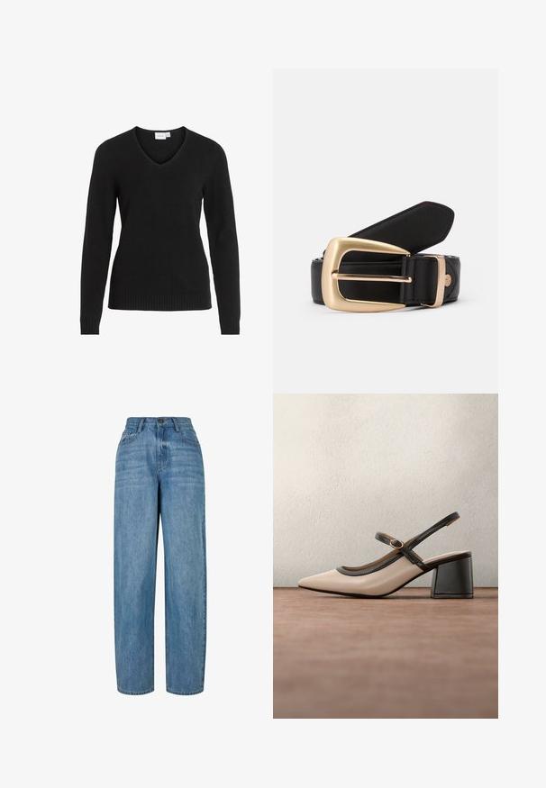 Sort V-hals sweater lavet af blødt stof, med lange ærmer, ribbet kant og manchetter, i et enkelt og klassisk design.; Lyseblå denimjeans med lige ben-design, der har en knaplukning, fem lommer og subtilt slid i stoffet.; Beige høje hæle slingback-sko med spids tå, sort kant og spænde detalje. Glat materiale med mat finish, mellemstor blokhæl.; Sort læderbælte med en gylden rektangulær spænde. Bæltet har en glat overflade og en subtil syning langs kanterne.