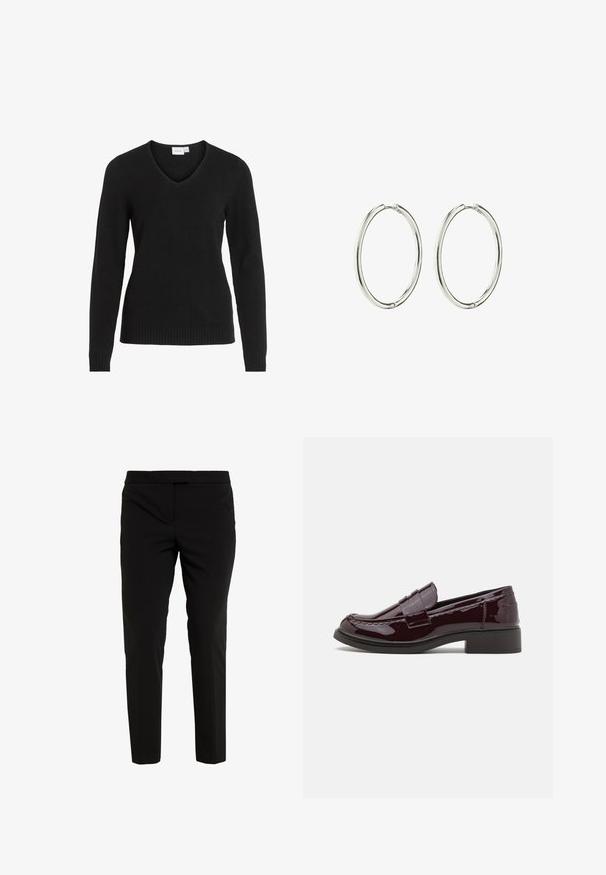 Schwarzer V-Ausschnitt-Pullover aus weichem Material, mit langen Ärmeln, geripptem Saum und Bündchen sowie einem einfachen und klassischen Design.; Schwarze tapered Hosen aus einem glatten Stoff, mit einer flachen Vorderseite, Seitentaschen und einer klaren Silhouette. Keine sichtbaren Verschlüsse.; Burgunderfarbene Lackleder-Slipper mit niedrigem Blockabsatz, die traditionelle Nähte und einen Riemenakzent über dem Spann aufweisen.; Silberne Creolen mit einer glatten, polierten Oberfläche. Runde Form, leichtes Design und mit einem sicheren Verschlussmechanismus ausgestattet.