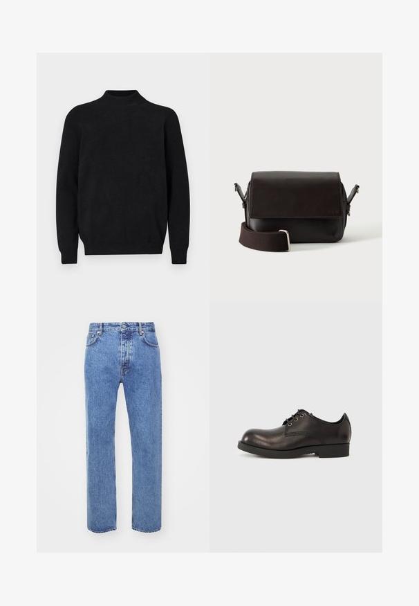 Pull en tricot noir avec un col montant, des manches longues et une texture côtelée. Design simple et uni avec une coupe décontractée et sans motifs visibles.; Won Hundred STEVE - Jean boyfriend - cut blue; Chaussure habillée en cuir noir avec un bout arrondi, des coutures minimales, un petit talon en caoutchouc et maintenue par des lacets noirs.; Sac bandoulière en cuir marron foncé avec fermeture à rabat et sangle en tissu réglable sur fond blanc.