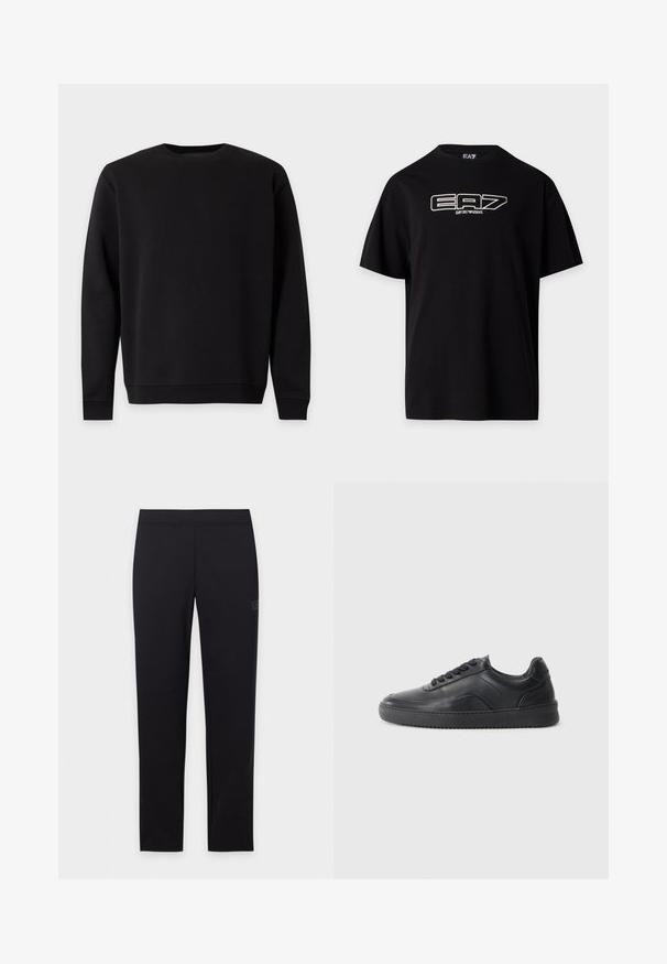 Sweat-shirt noir à manches longues avec col rond, poignets et ourlet côtelés, présenté sur fond blanc.; T-shirt noir à manches courtes avec logo blanc EA7 Emporio Armani imprimé sur la poitrine, col rond et coupe régulière.; Legging noir slim avec ceinture élastique, présenté à plat sur un fond blanc.; Chaussure de sport en cuir noir avec une finition lisse, bout arrondi, panneau latéral texturé et lacets noirs. Présente une semelle en caoutchouc plate et un design minimaliste.