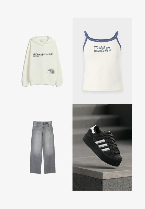 Sweatshirt blanc avec le texte noir "LANCEMENT DE GALERIE D'ART, 147 Johnson Ave, Entrepôt 5, Brooklyn, NY 11206" et une phrase poétique sur le devant.; Haut court blanc à fines bretelles bleues et bordure bleue, avec le logo "Dickies" distressed centré sur la poitrine.; Jean en denim gris à jambes larges avec une finition légèrement décolorée, doté de cinq poches, d'une fermeture à bouton à l'avant et de passants de ceinture.; Baskets noires avec des bandes blanches et des lacets, positionnées en l'air au-dessus d'un rebord en béton gris sur un fond flou.