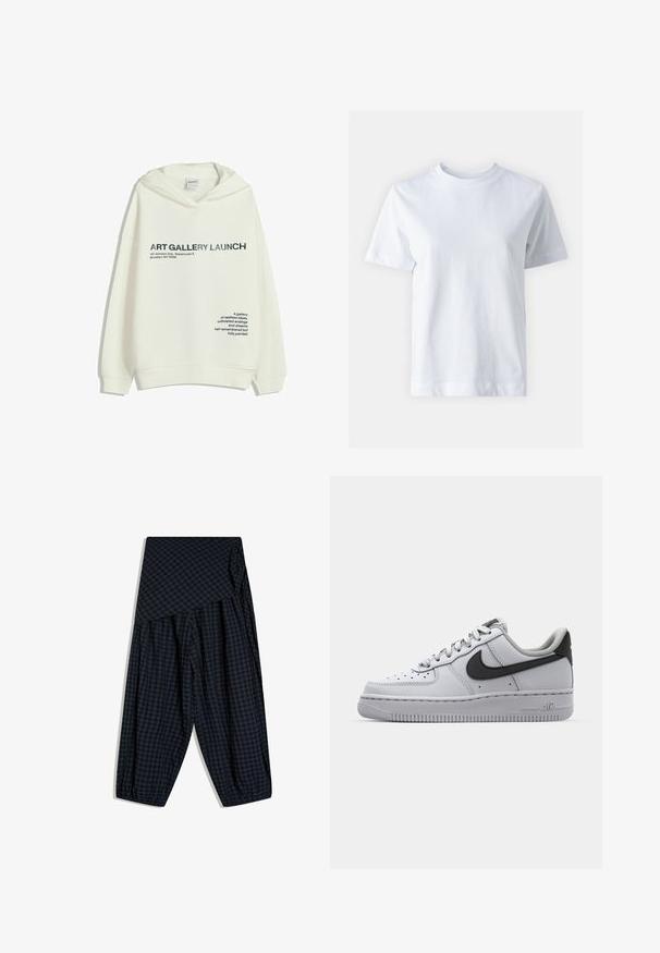 Sweatshirt blanc avec le texte noir "LANCEMENT DE GALERIE D'ART, 147 Johnson Ave, Entrepôt 5, Brooklyn, NY 11206" et une phrase poétique sur le devant.; T-shirt en coton blanc avec un col rond, manches courtes, coupe droite et texture lisse. Sans motifs ni embellissements.; Pantalon ample à carreaux bleu foncé et noir avec une large ceinture pliée et des poignets élastiques froncés aux chevilles.; Sneaker en cuir blanc avec accents gris, bout rond, surface texturée, col rembourré et logo swoosh noir contrastant. Semelle avec coussin d'air.
