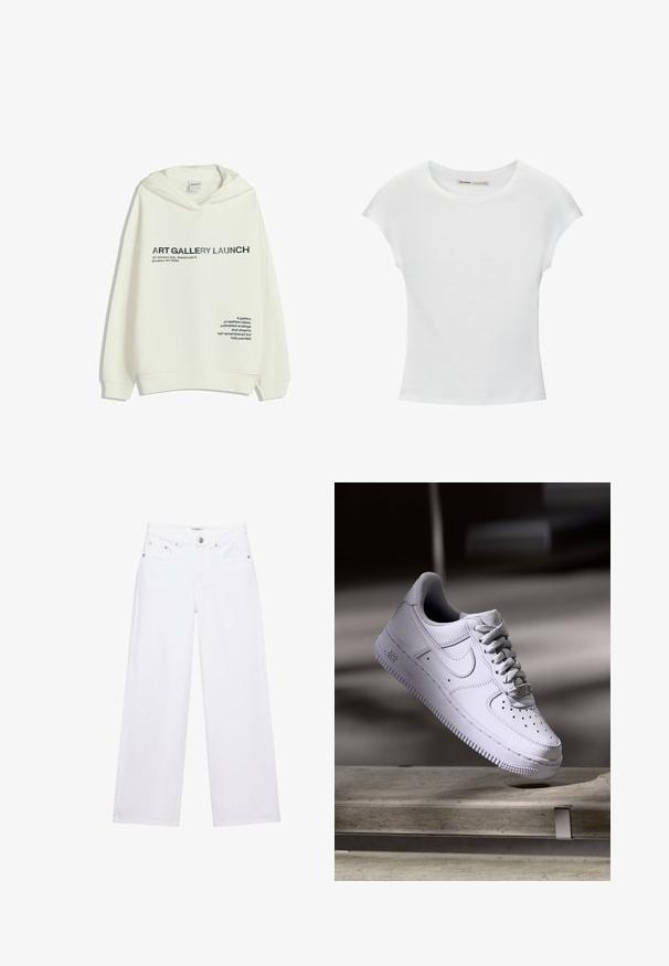 Hvid hættejakke med sort tekst "KUNSTGALLERI LANSERING, 147 Johnson Ave, Warehouse 5, Brooklyn, NY 11206" og en poetisk sætning på forsiden.; Hvid bomuld t-shirt med korte, opsmøgede ærmer, rund halsudskæring og lige kant. Glat tekstur uden synlige mønstre eller detaljer.; Hvide jeans med høj talje og vide ben med knap- og lynlåslukning, for- og baglommer samt sølvfarvede nitter som detaljer.; Hvid Nike Air Force 1 sneaker svævende over en betonoverflade med skygger i et minimalistisk miljø.