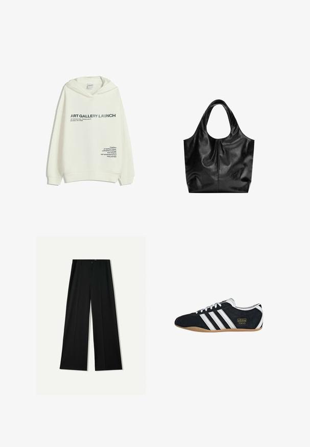 Weißer Hoodie mit schwarzem Text "KUNSTGALERIE-ERÖFFNUNG, 147 Johnson Ave, Warehouse 5, Brooklyn, NY 11206" und einem poetischen Satz auf der Vorderseite.; Bershka WIDE - Stoffhose - black; Schwarze Wildledersneaker mit drei weißen Streifen, goldenem Logo und brauner Gummisohle. Merkmale ein niedrigprofiliertes Schnürdesign.; Schwarze Leder-Tote mit glatter Textur, weichem, abgerundetem Oberteil und breiten Tragegriffen. Merkmale minimale Nähte und eine lässige Silhouette.