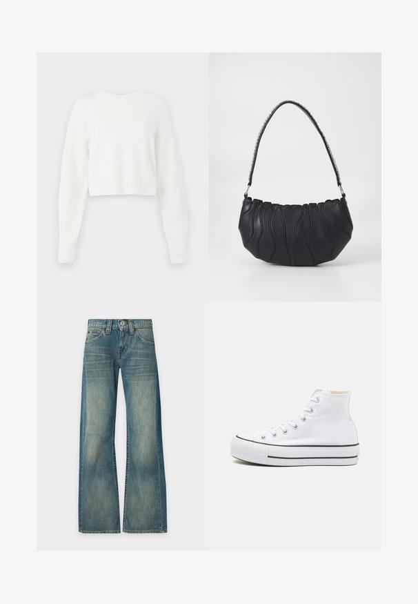 Witte cropped trui met lange mouwen, geribbelde structuur en ronde hals. Gemaakt van zachte, lichte materialen.; Blauwe denim jeans met een verwassen uitstraling, hoge taille, wijde pijpen, knoop- en ritssluiting aan de voorkant en vijf zakken, getoond tegen een effen achtergrond.; Witte hoge sneakers van canvasmateriaal, zwarte rubberen zool en contrasterende zwarte streep op de tussenzool. Circulaire neus en vetersluiting.; Zwarte leren handtas met een gebogen vorm, golvende stikdetails en een zilveren schouderband. Glad oppervlak, compacte maat.