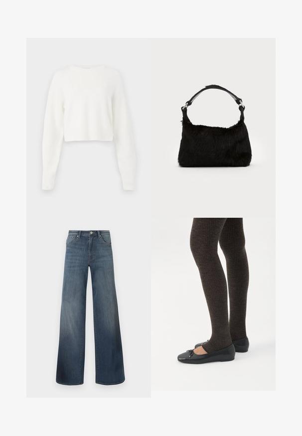 Hvid cropped sweater med lange ærmer, ribbet struktur og rund halsudskæring. Lavet af blødt, let materiale.; Bredde denim jeans i mørkeblå, med en slidteknik, knaplukning og fem-lomme stil. Glat tekstur, minimal syning detaljer.; Ben iført mørke ribbede leggings kombineret med sorte balletsko med små sløjfedetaljer på hvid baggrund.; Sort faux fur håndtaske med en blød tekstur, rund form og en robust skulderrem i sort læder. Synlige sølvhardware-detaljer.