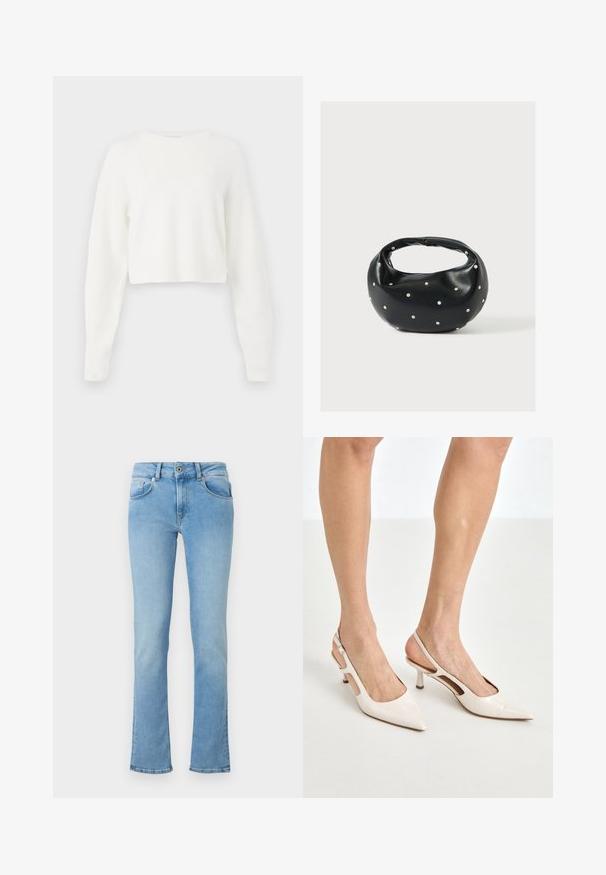 Witte cropped trui met lange mouwen, geribbelde structuur en ronde hals. Gemaakt van zachte, lichte materialen.; Lichtblauwe denim jeans met een strakke taille, uitlopende pijpen, een vijf-pocket ontwerp en een knoopsluiting. De stof heeft een zachte textuur.; Beige gepatineerde leren slingback hakken met een spitze neus en een hak van 5 cm, met uitsparingen aan de zijkanten en een dunne enkelband.; Zwarte leren handtas met een afgeronde vorm, versierd met zilveren studs, en een korte handgreep. Gladde textuur en ritsluiting.
