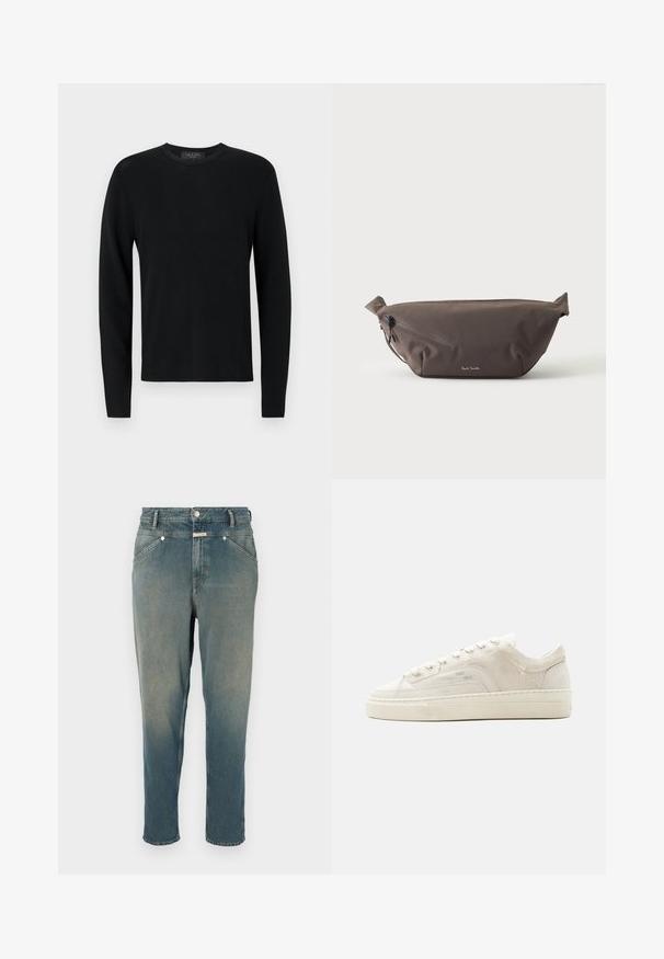 Sort bomulds sweater med lange ærmer, ribbet tekstur, rund hals og tætsiddende ærmer. Enkel design uden mønstre eller detaljer.; Denim jeans i falmet blå, lige fit med høj talje. Har bæltestropper, fem lommer og metalknaplukning. Let slidte detaljer.; Hvid lavtop sneaker med snørelukning, tekstureret stofoverdel og tyk gummisål vist fra ydersiden på en ensfarvet baggrund.; Mørkebrun stof talje taske med diagonalt lynlåslomme og lille hvidt logo på fronten, sat mod en ensfarvet lys baggrund.