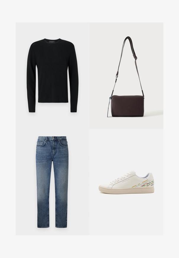 Pull longs en coton noir avec une texture côtelée, col rond et manches ajustées. Design uni sans motifs ni accents.; Jean en denim bleu avec une coupe droite, cinq poches, une fermeture à bouton en métal et un léger délavage sur les cuisses. Détail de surpiqûre classique sur l'ensemble.; Baskets en cuir blanc avec une texture lisse, présentant des motifs de lignes colorées au niveau du talon et une semelle en caoutchouc beige.; Sac bandoulière en cuir marron foncé texturé avec une sangle réglable et un petit accent décoratif bleu sur le côté.