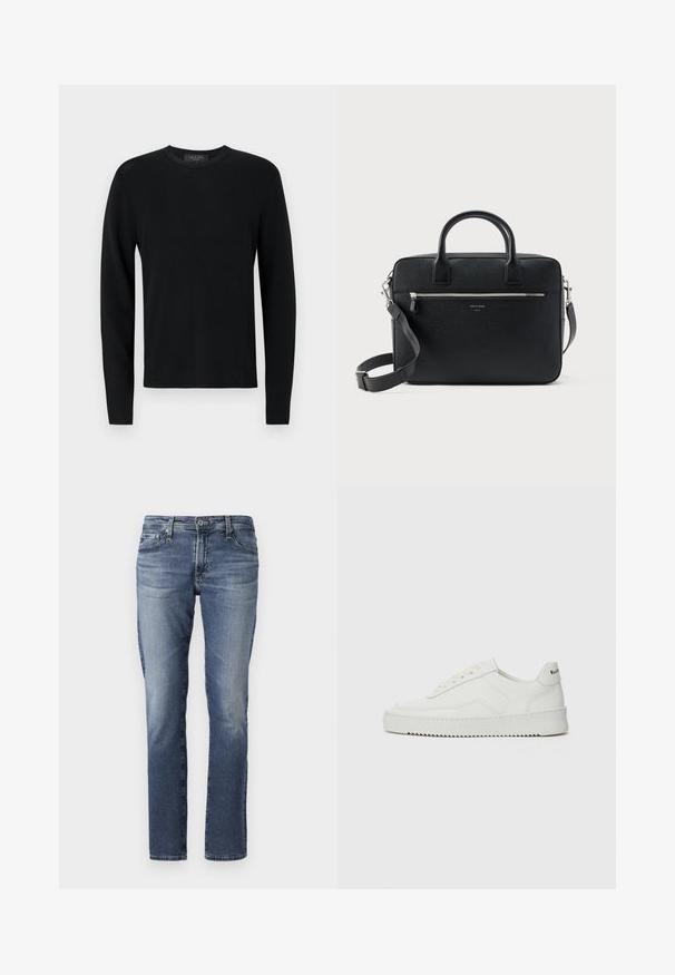Sort bomulds sweater med lange ærmer, ribbet tekstur, rund hals og tætsiddende ærmer. Enkel design uden mønstre eller detaljer.; Denim jeans i mellem blå, lige ben design, med subtile falmning og en klassisk fem-lomme stil. Metal hardware ved talje og lommer.; Hvide lædersneakers med en glat overflade, rund tå, flade snørebånd og en tekstureret sål. Har et diskret logo på hælen.; Sort struktureret rektangulær lædermappe med dobbelthåndtag, lynlåslomme foran og justerbar skulderrem vist på hvid baggrund.