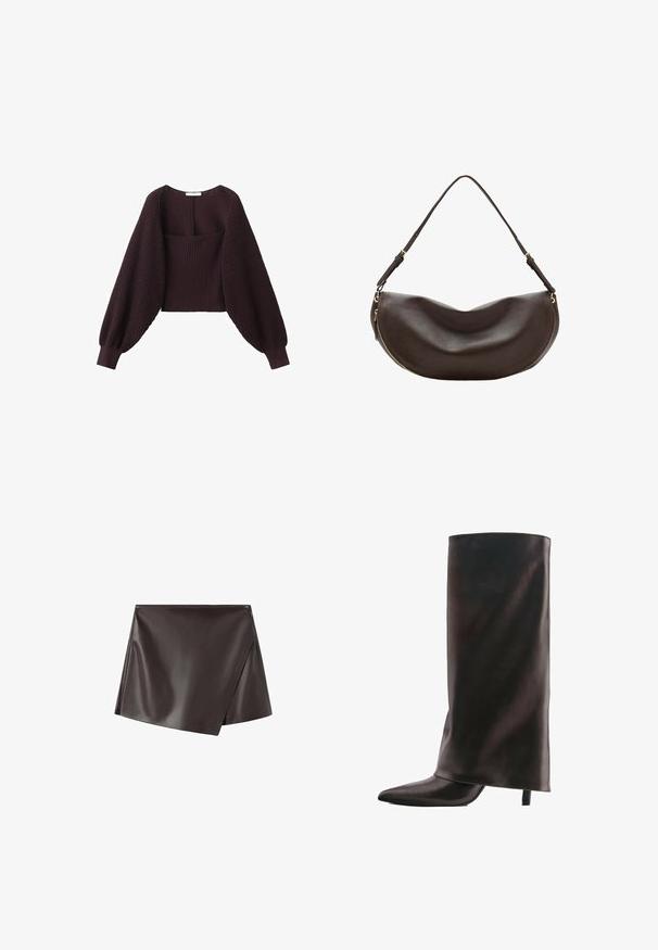 Pull en maille marron foncé avec de larges manches ballon longues et un corps ajusté côtelé, doté d'un large décolleté carré.; Minijupe en similicuir noir avec un design portefeuille, un ourlet asymétrique et une texture lisse. Fermeture éclair sur le côté.; Botte haute noire en cuir avec un bout pointu et un talon fin de hauteur moyenne sur fond blanc.; Sac à bandoulière en cuir marron foncé avec une forme courbée, une sangle réglable et une fermeture éclair dorée le long du bord inférieur.