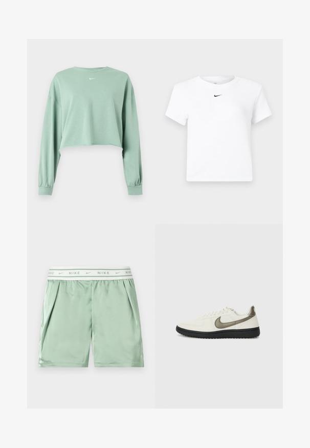 Hanorac crop cu mâneci lungi, de culoare verde deschis, cu manșete elastice și logo mic alb Nike centrat sub decolteu.; Tricou scurt alb cu mâneci scurte de la Nike, cu un mic logo negru Nike Swoosh centrat sub decolteu.; Pantaloni scurți sport Nike verde deschis cu talie elastică albă cu logo-uri Nike repetate și buzunare laterale.; Nike Sportswear FIELD GENERAL - Sneakers low - off-white/black
