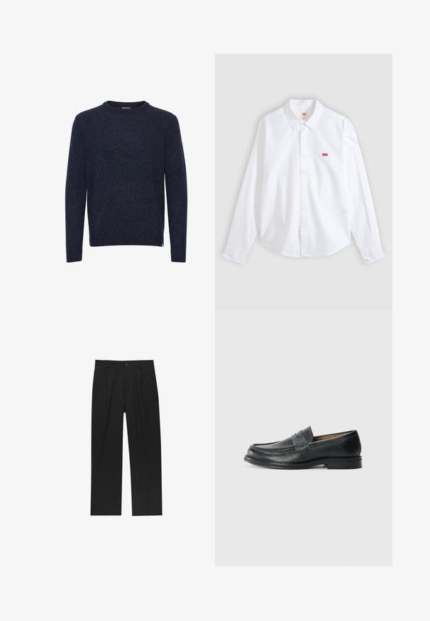 Mørkeblå langærmet sweater med rund hals, enkelt design, ingen synlige mønstre eller logoer, vist på hvid baggrund.; Hvid langærmet skjorte med knapper og krave samt lille rødt Levi's-logo på venstre brystområde på en neutral baggrund.; Sorte bukser med lige ben, lavet af et glat stof. Har frontfolder og en enkelt knaplukning i taljen.; Sorte læder loafers med et klassisk design, der har en syet detalje ved tåen og en lav, tekstureret gummisål.