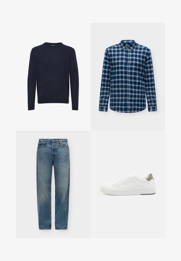 Jersey azul oscuro de manga larga y cuello redondo, diseño liso, sin patrones ni logotipos visibles, mostrado sobre un fondo blanco.; Camisa de manga larga abotonada con patrón de cuadros azules y blancos, cuello clásico y botones marrones sobre un fondo claro liso.; Vaqueros de mezclilla azul con corte de pierna recta, botón y cremallera delanteros, trabillas para cinturón y diseño de cinco bolsillos sobre un fondo liso.; Zapatilla blanca con material de cuero liso, punta redonda, diseño minimalista, acento gris en el talón y suela de goma texturizada.