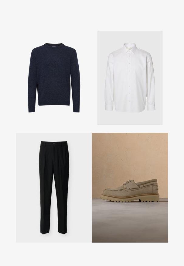 Pull bleu foncé à manches longues et col rond, design simple, sans motifs ni logos visibles, présenté sur fond blanc.; Chemise blanche à manches longues en coton, dotée d'un col classique, d'une patte de boutonnage à l'avant et de poignets boutonnés. Texture lisse sans motifs visibles.; Pantalon noir taille haute, ajusté, avec passants de ceinture, plis à l'avant, poches latérales et fermeture boutonnée avec zip.; Chaussure décontractée beige en daim à lacets avec une semelle épaisse et rainurée, présentée en suspension au-dessus d'une surface texturée beige assortie et d'un arrière-plan.