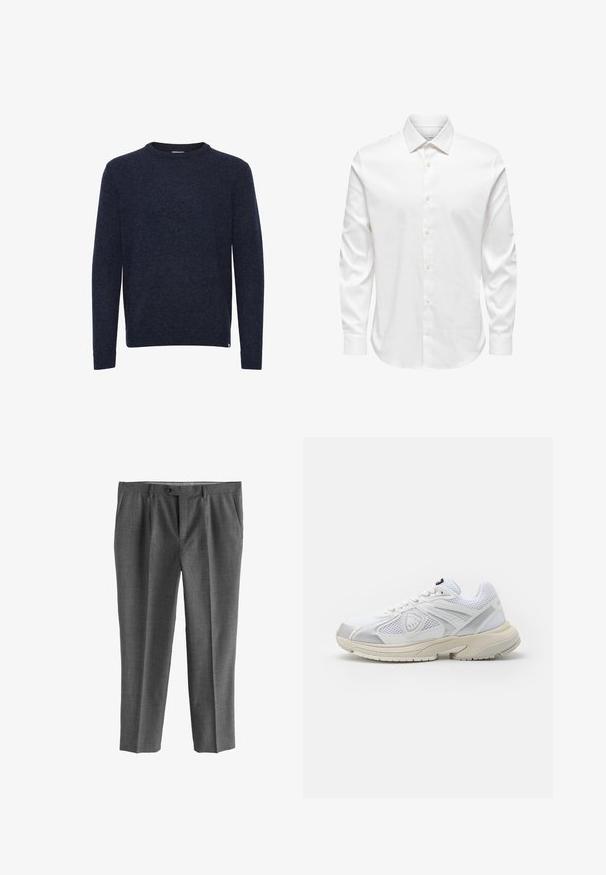 Jersey azul oscuro de manga larga y cuello redondo, diseño liso, sin patrones ni logotipos visibles, mostrado sobre un fondo blanco.; Camisa de vestir blanca para hombre de manga larga con cuello puntiagudo y fila frontal de botones blancos sobre un fondo liso.; Pantalones grises hechos de tela texturizada, con diseño de pierna recta, bolsillos delanteros y cierre de botón.; Zapatillas deportivas blancas con paneles de malla, suela de goma y detalles plateados. Cuentan con una puntera redondeada y un diseño con cordones para un ajuste seguro.