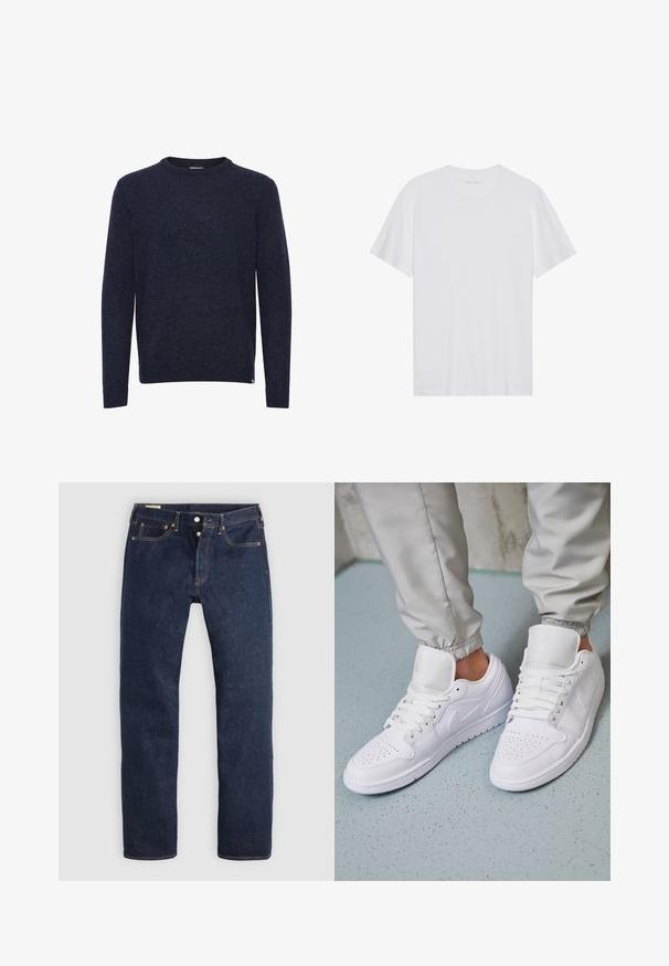 Mørkeblå langærmet sweater med rund hals, enkelt design, ingen synlige mønstre eller logoer, vist på hvid baggrund.; Hvid bomulds T-shirt med korte ærmer, rund hals og en glat tekstur. Har minimal branding på halsudskæringen.; Mørkeblå jeans med lige ben, knaplukning, for- og baglommer samt kontrastsyning, lagt fladt på en lys baggrund.; Hvide lædersneakers har en perforeret tåboks, flade snørebånd, polstret krave og Jordan-logoet på tungen. Båret med grå joggers.