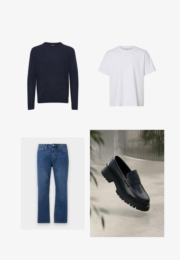 Mørkeblå langærmet sweater med rund hals, enkelt design, ingen synlige mønstre eller logoer, vist på hvid baggrund.; Enkelt hvid kortærmet T-shirt med rund hals, almindelig pasform og glat stofstruktur, vist på en hvid baggrund.; Blå denim-jeans med lige ben, forlommer, bæltestropper og knaplukning på en lys grå baggrund.; Sorte læder loafers med en chunky sål, der har en dekorativ rem og syninger. Glat tekstur med en poleret overflade.