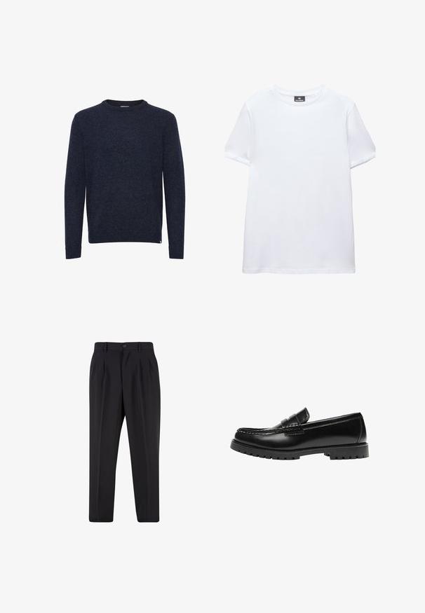 Donkerblauwe trui met lange mouwen en ronde hals, eenvoudig ontwerp, geen zichtbare patronen of logo’s, getoond op een witte achtergrond.; Effen wit T-shirt met korte mouwen en een ronde hals met een zwart Pull&Bear-label aan de binnenkant van de kraag, afgebeeld op een witte achtergrond.; Zwarte op maat gemaakte broek met voorplooien, riemlussen en een knoopsluiting in de taille.; Zwarte leren loafer met een dikke rubberen zool en klassieke penny-strap details, gezien vanaf de buitenkant.