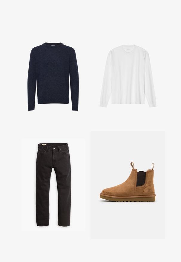 Mørkeblå langærmet sweater med rund hals, enkelt design, ingen synlige mønstre eller logoer, vist på hvid baggrund.; Hvid, langærmet t-shirt i bomuld med rund hals, med ribbede ærmeafslutninger og en lige kant, glat tekstur og minimalistisk design.; Sorte denim jeans med lige ben, der har et klassisk fem-lomme design, subtil syning og en metal knaplukning.; Brune ruskindsankelstøvler med elastiske sidedele og løfteløkker, der har en gummisål og et diskret logo på siden.