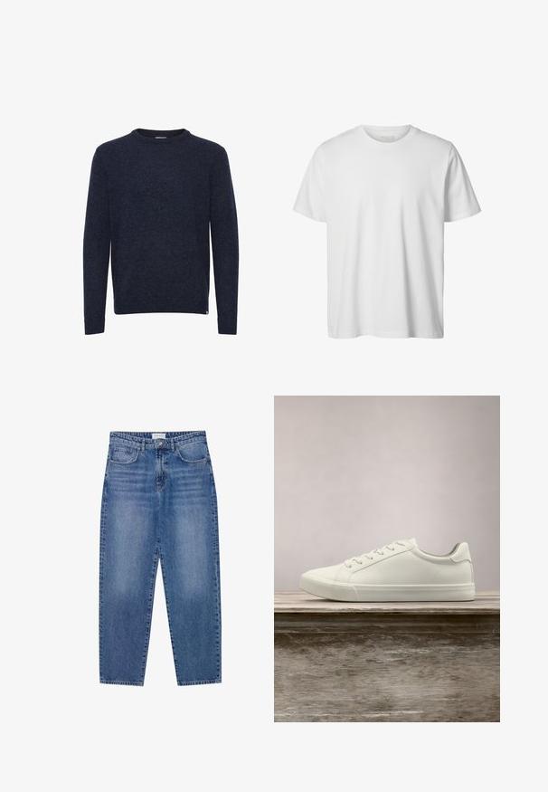 Mørkeblå langærmet sweater med rund hals, enkelt design, ingen synlige mønstre eller logoer, vist på hvid baggrund.; Enkelt hvid T-shirt med korte ærmer og rund hals, løs pasform og uden synlige logoer eller designs foran.; Blå denim jeans med høj talje, lige ben design og slidte finish. Har fem lommer og en knaplukning.; Hvide snørresneakers svævende over en træbænk med grønne planter i baggrunden, der fremhæver skodesign og tekstur.