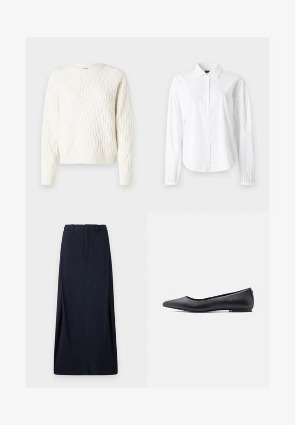 Suéter blanco de punto con un patrón de diamantes texturizado, cuello redondo y puños y dobladillo acanalados. Tejido suave con un aspecto acogedor.; Camisa blanca de manga larga con cuello, cierre de botones en la parte delantera y puños fruncidos. Fabricada en una tela suave y ligera con una textura lisa.; Falda larga azul marino hecha de tejido entrelazado, con corte recto, presillas para cinturón y cremallera oculta. Líneas limpias y diseño mínimo.; Zapato plano de cuero negro con punta puntiaguda y tacón bajo, mostrado de perfil contra un fondo blanco.