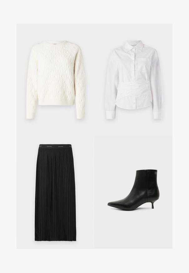 Suéter blanco de punto con un patrón de diamantes texturizado, cuello redondo y puños y dobladillo acanalados. Tejido suave con un aspecto acogedor.; Camisa blanca de manga larga con cuello, botones en el frente, pequeño bolsillo en el pecho y diseño envolvente en la cintura. Tejido de algodón suave.; Falda midi negra plisada con cinturilla elástica, con el logotipo de Calvin Klein en blanco repetido.; Botín de piel negra con puntera puntiaguda y tacón bajo estilo kitten sobre fondo claro, mostrando vista lateral exterior.