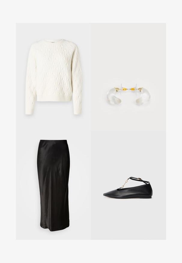 Hvid strikket sweater med et tekstureret diamantmønster, rund halsudskæring, og ribbede manchetter og kant. Blødt stof med et hyggeligt udseende.; Sorte satin nederdel med en glat tekstur. Gulvlængde design med en tætsiddende talje og en let flare ved kanten. Ingen synlige mønstre eller metaldele.; Sorte læder balletflade sko med spids tå, udsnit design, ankelrem og guldkæde accent. Glat tekstur, minimal hæl.; Klare akryl hoops øreringe med guld accenter, der har et buet design og en transparent lås. Glat tekstur, minimalistisk stil.