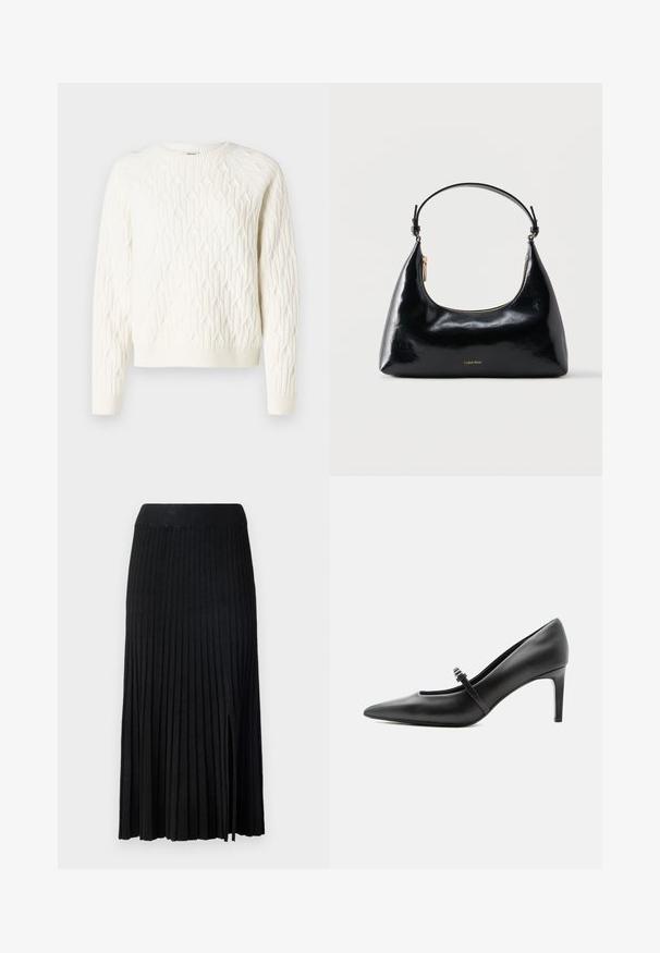 Suéter blanco de punto con un patrón de diamantes texturizado, cuello redondo y puños y dobladillo acanalados. Tejido suave con un aspecto acogedor.; Falda midi plisada negra con cinturilla acanalada, con tejido texturizado, abertura lateral y líneas verticales en todo el diseño.; Zapato de tacón alto de cuero negro con punta puntiaguda, con tira fina y hebilla sobre el empeine, sobre fondo claro y neutro.; Bolso negro brillante de Calvin Klein con cremallera dorada y correa corta sobre un fondo blanco liso.
