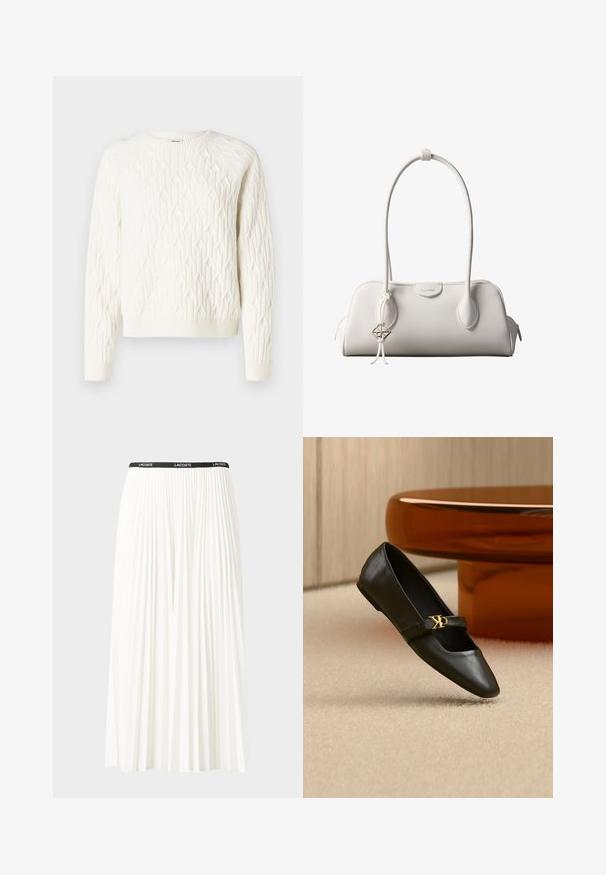 Suéter blanco de punto con un patrón de diamantes texturizado, cuello redondo y puños y dobladillo acanalados. Tejido suave con un aspecto acogedor.; Falda blanca plisada con una cinturilla elástica negra que presenta el logotipo "LACOSTE". Diseño de longitud media con textura suave.; Zapato plano de cuero negro con puntera puntiaguda y logo dorado de CK en la correa, colocado sobre una alfombra beige cerca de una mesa redonda marrón ámbar.; Bolso de hombro blanco de Calvin Klein con asas largas, forma rectangular, cierre de cremallera y charm decorativo con el logo colgando cerca del asa.