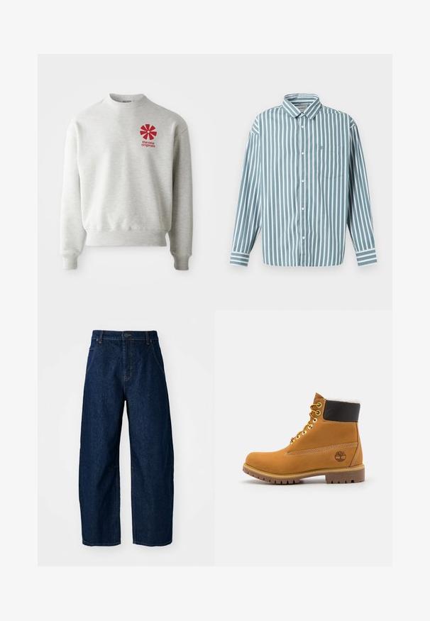 Lysegrå sweatshirt med ribbede manchetter og kant. Har et rødt grafisk logo på venstre brystområde. Lavet af blødt stof.; Lyseblå og hvid stribet skjorte med knaplukning, lange ærmer, krave og en brystlomme. Fremstillet af et glat, vævet stof.; Bredde ben mørk denim jeans med høj talje, som har fem lommer, knaplukning foran og synlige syninger.; Brune læder ankelstøvle med metaløjer, hvid pelsforing, sort polstret krave, robust sål og præget logo på siden.