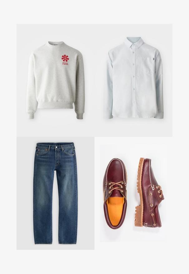 Lysegrå sweatshirt med ribbede manchetter og kant. Har et rødt grafisk logo på venstre brystområde. Lavet af blødt stof.; New Balance OXFORD - Skjorter - blue; Blå straight-leg denim jeans med fem lommer og kobbernitter, vist fladt på en lysegrå baggrund.; Bordeaux lædersko med brune gummisåler, rund tå, hvid syning og gyldne snøringer. Indersiden har et gult for.