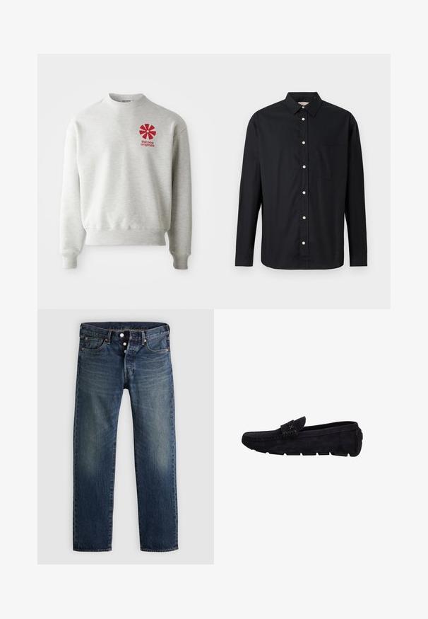 Lichtgrijze sweatshirt met ribgebreide manchetten en zoom. Heeft een rood grafisch logo op de linkerkant van de borst. Gemaakt van zachte stof.; Zwart overhemd met lange mouwen, knoopsluiting, kraag en borstzak, gepresenteerd op een lichte achtergrond.; Klassieke rechte jeans van blauw denim, met vijf zakken, een knoopsluiting en subtiele vervaging, voorzien van koperen klinknagels en stikaccenten.; Zwarte suède herensloffen met rubberen segmentzool en gestikte details op het bovenwerk, zijaanzicht op een witte achtergrond.