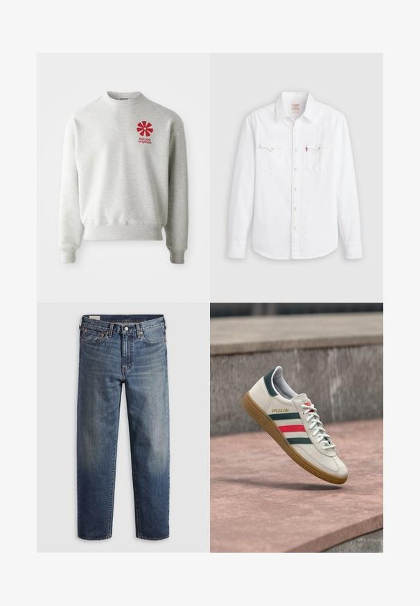 Lysegrå sweatshirt med ribbede manchetter og kant. Har et rødt grafisk logo på venstre brystområde. Lavet af blødt stof.; Hvid langærmet skjorte med knapper, spids krave, to brystlommer med klapper og trykknapper foran og ved manchetterne.; Mørkeblå denimjeans med en afslappet pasform, lige ben, fem-lommer design og subtil falmen ved lårene. Sølvknap og nitter.; Hvid Adidas sneaker med grønne og røde striber, gummisål og "SPEZIAL" branding, der svæver over stensat belægning.