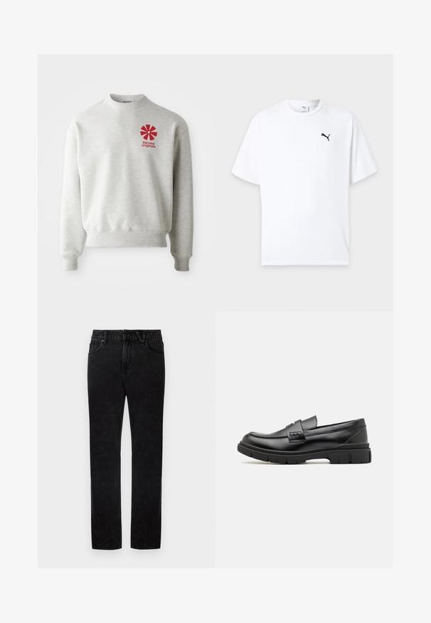 Lysegrå sweatshirt med ribbede manchetter og kant. Har et rødt grafisk logo på venstre brystområde. Lavet af blødt stof.; Hvid t-shirt med korte ærmer og rund hals med en lille sort Puma-logo på venstre bryst mod en lys baggrund.; Sorte denimjeans med lige ben, udstyret med bæltestropper, forlommer og knaplukning. Stoffet er glat med en let stretch.; Sort læder loafersko med en bred rem over forfoden, gummisål med tykke mønstre og glat overflade. Klassisk, slankt design.