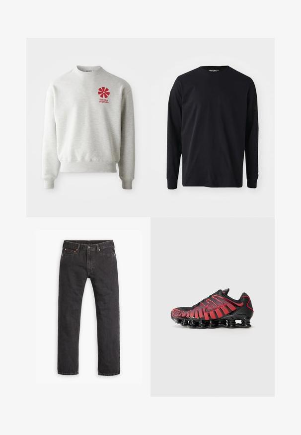 Lysegrå sweatshirt med ribbede manchetter og kant. Har et rødt grafisk logo på venstre brystområde. Lavet af blødt stof.; Sort langærmet t-shirt lavet af bomuld, med rund halsudskæring og lige pasform, samt et lille logodetalje på ærmet.; Sorte straight-leg denim jeans med fem lommer, knaplukning og copper nitter liggende fladt på en hvid baggrund.; Sorte og røde atletik sko har en mesh-overdel med lodrette striber og en polstret krave, understøttet af en særpræget, segmenteret sål.