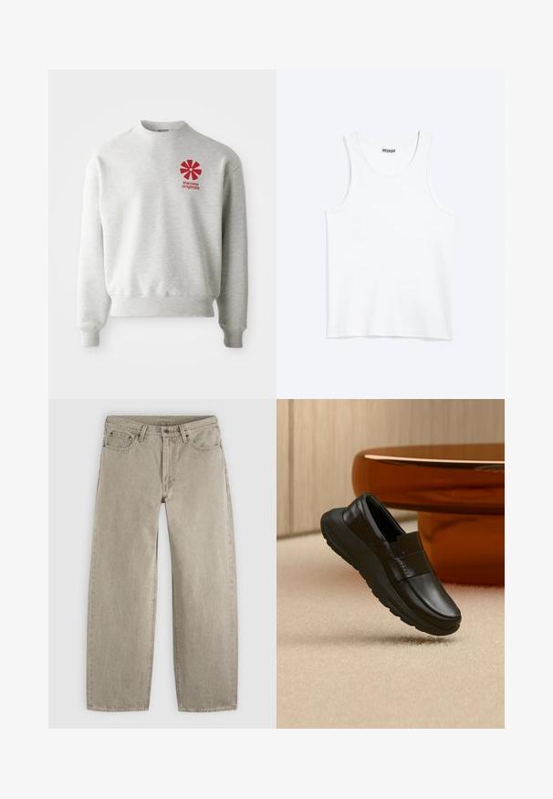 Lysegrå sweatshirt med ribbede manchetter og kant. Har et rødt grafisk logo på venstre brystområde. Lavet af blødt stof.; Hvid ærmeløs tanktop med rund halsudskæring og Weekday-mærke på den indvendige baghals, vist fladt på lys baggrund.; Beige jeans med lige ben i denim med forlommer, bæltestropper, knaplukning og synlige syninger på en ensfarvet lys baggrund.; Sort læderloafer med tyk sål, vist over beige tæppe og nær en rund bordfod i ravfarve.