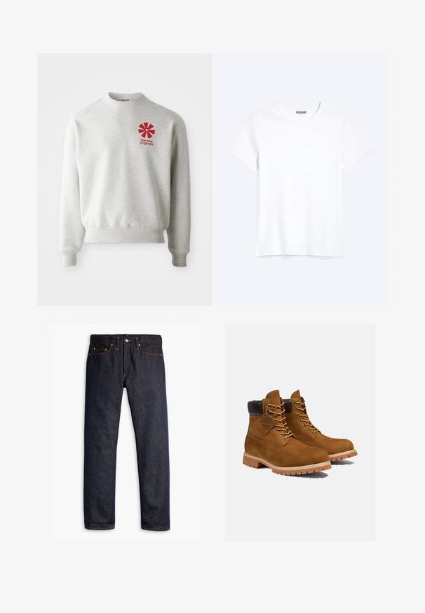 Lysegrå sweatshirt med ribbede manchetter og kant. Har et rødt grafisk logo på venstre brystområde. Lavet af blødt stof.; Enkelt hvid T-shirt med korte ærmer og rund hals med synligt WEEKDAY-mærke i kraven, vist på en lys baggrund.; Mørkeblå denimjeans med lige pasform, fem-lomme design, kobbernitter, gul syning og et markant struktureret stof.; Brune ruskinds ankelstøvler med en polstret sort krave, gyldne snørehuller og en tyk gummisål med en mønster, der giver godt greb.