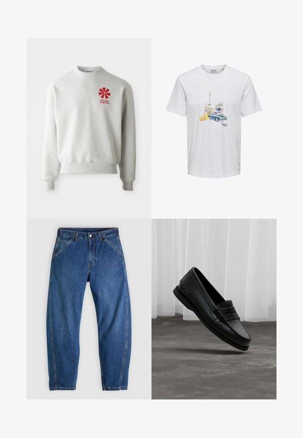 Lysegrå sweatshirt med ribbede manchetter og kant. Har et rødt grafisk logo på venstre brystområde. Lavet af blødt stof.; Hvid t-shirt med print af Eiffeltårnet, vintagebil, orange drik med blomst og teksten "Parisien Lifestyle" midt foran.; Blå denimjeans med afslappet pasform, med knaplukning, fem lommer og kontrasterende orange syninger. Glat tekstur over det hele.; Sort læder loafers med mok-tå og penny-rem, let tiltet over gråt gulv, hvide lodrette persienner i baggrunden.
