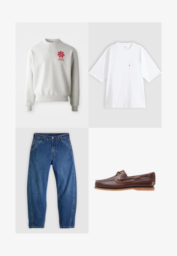 Lysegrå sweatshirt med ribbede manchetter og kant. Har et rødt grafisk logo på venstre brystområde. Lavet af blødt stof.; Hvid bomulds-T-shirt med korte ærmer, rund hals og lomme på venstre bryst. Har en lille rød logoetiket på lommen.; Blå denimjeans med afslappet pasform, med knaplukning, fem lommer og kontrasterende orange syninger. Glat tekstur over det hele.; Brun læder bådsko med hvide sømme, snøre detaljer og lysbrun gummisål, vist fra siden på hvid baggrund.