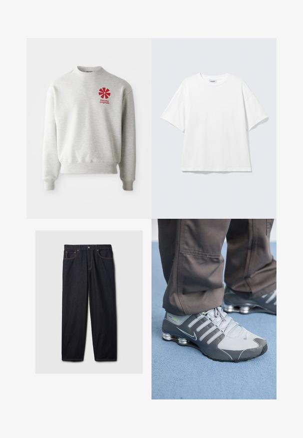 Lysegrå sweatshirt med ribbede manchetter og kant. Har et rødt grafisk logo på venstre brystområde. Lavet af blødt stof.; Hvid oversized t-shirt med korte ærmer og rund halsudskæring med sænkede skuldre, fladt lagt på lys grå baggrund.; Mørke denim jeans med lige pasform, der har en knap- og lynlås-lukning, to frontlommer og kontrastfarvet orange syning.; Grå og sølv Nike Shox sneakers har et slankt design med mesh og syntetiske materialer, en rund tå og en polstret krave.