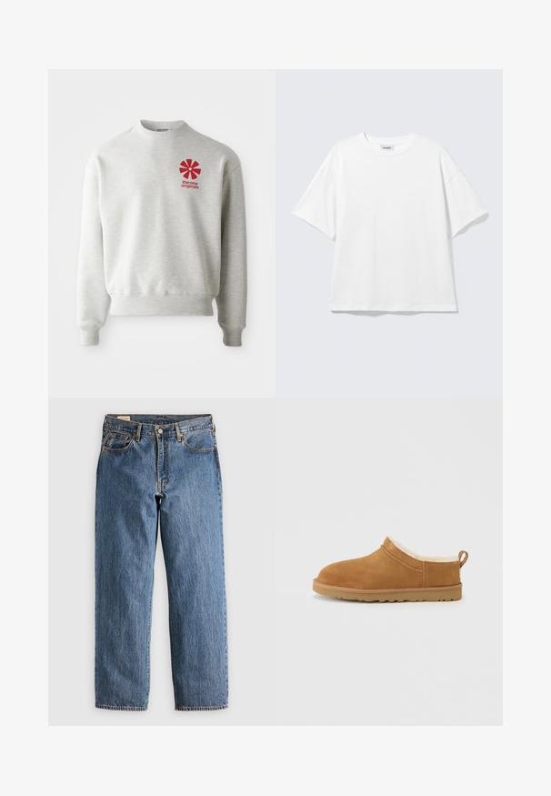 Hellgrau sweatshirt mit gerippten Bündchen und Saum. Beinhaltet ein rotes Grafiklogo auf der linken Brustseite. Hergestellt aus weichem Stoff.; Weißes oversized T-Shirt mit kurzen Ärmeln und Rundhalsausschnitt mit eingesetzten Schultern, flach auf hellgrauem Hintergrund.; Blaue Jeans aus Denim mit geradem Schnitt, hohem Bund, kupfernen Nieten und orangefarbener Naht. Mit Vorder- und Hintertaschen.; Brauner Wildleder-Slipper mit weichem, weißem Fellfutter, rundem Zeh und Gummisohle mit kleinen Profilmustern.