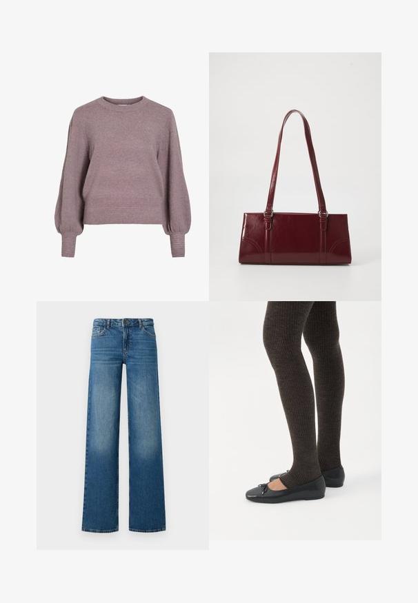Gebreide pullover trui in zacht paars, met een ronde hals, lange ballonmouwen en een geribbelde zoom en manchetten voor een textuurafwerking.; Wijde blauwe jeans met een vervaagd effect, vijf zakken en een knoopsluiting. Gemaakt van denim met een gladde, stevige textuur.; Benen met donkere geribbelde leggings gecombineerd met zwarte ballerina's met kleine strikdetails op een witte achtergrond.; Bourgondische handtas van glanzend materiaal, rechthoekige vorm, met twee schouderbanden en subtiele gebogen accenten aan de voorkant.